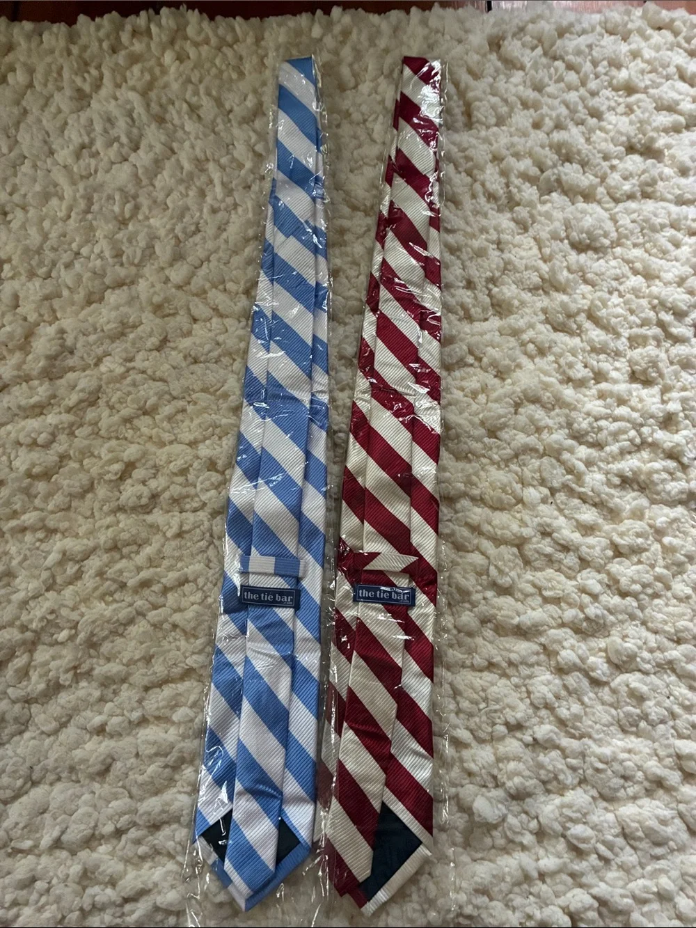 The Tie Bar Striped Ties — Light Blue & White and Red & White. 2 ties